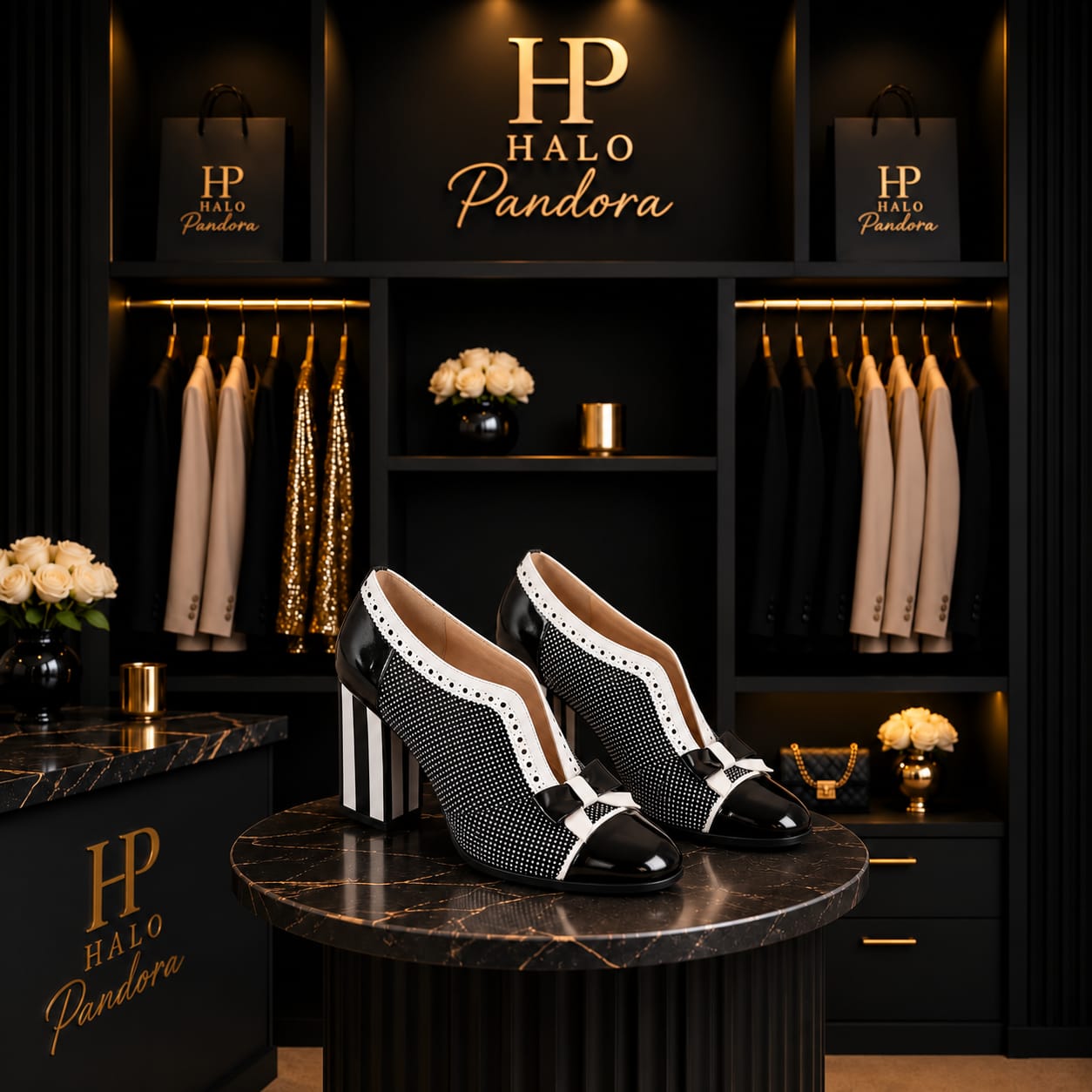 Black & White Bow Block Heel